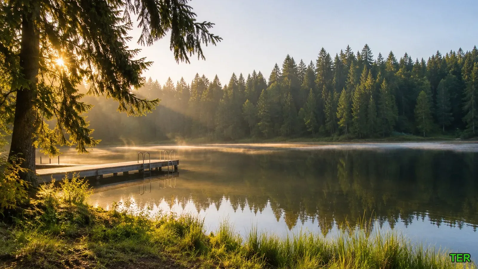 Misty sunrise over the wooden dock at Battle Ground Lake State Park near Vancouver, WA, framed by tall pines