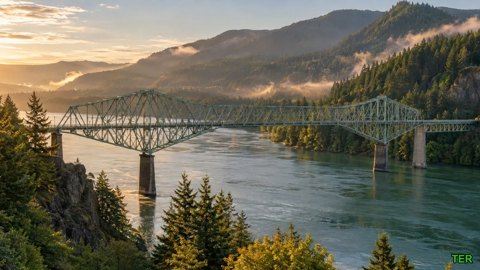 Elevated view of the Bridge of the Gods spanning the misty Columbia River at sunrise in the Columbia River Gorge