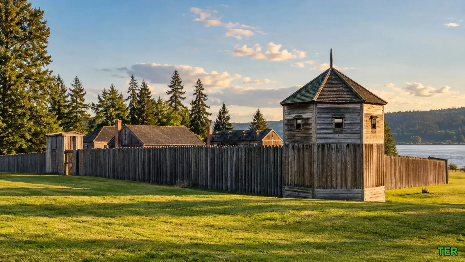Reconstructed wooden bastion and palisade wall at Fort Vancouver National Historic Site at golden hour, with the Columbia River behind
