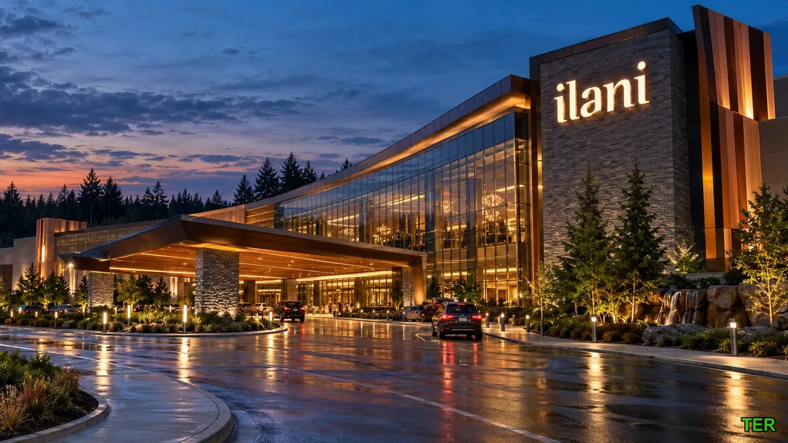 ilani casino resort entrance at dusk in Ridgefield, WA