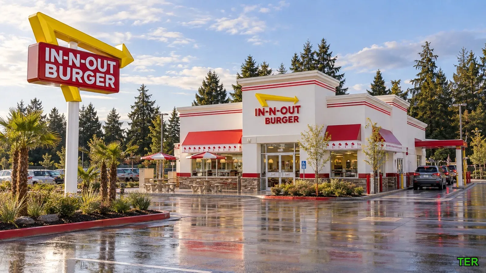 In-N-Out Burger storefront and sign with palm trees, Vancouver, WA