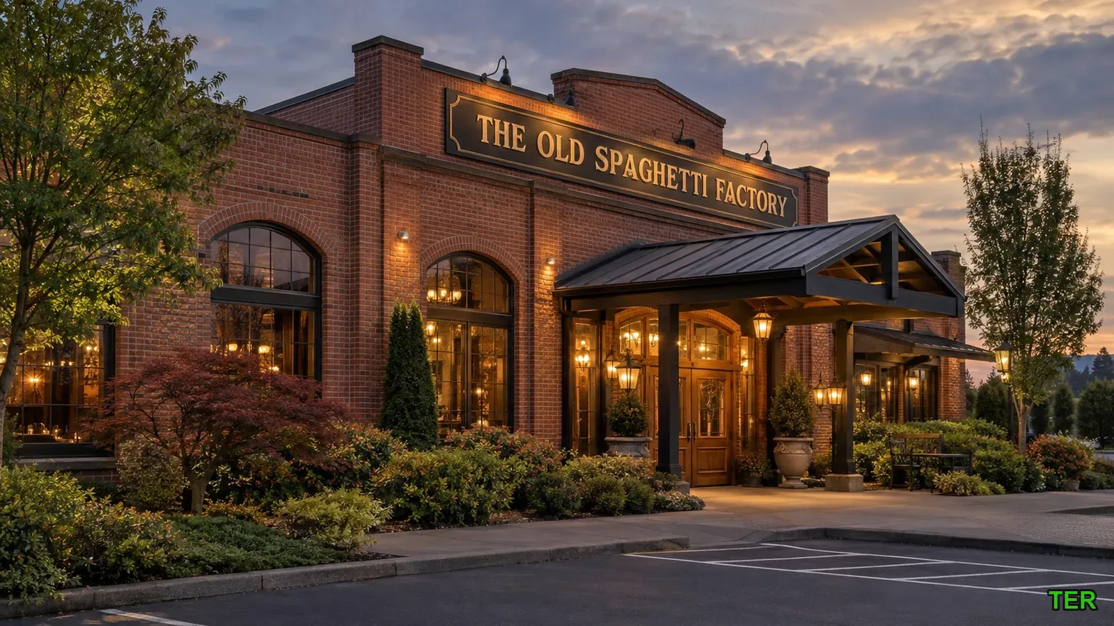 Brick exterior of The Old Spaghetti Factory in Vancouver, WA, lit up at dusk