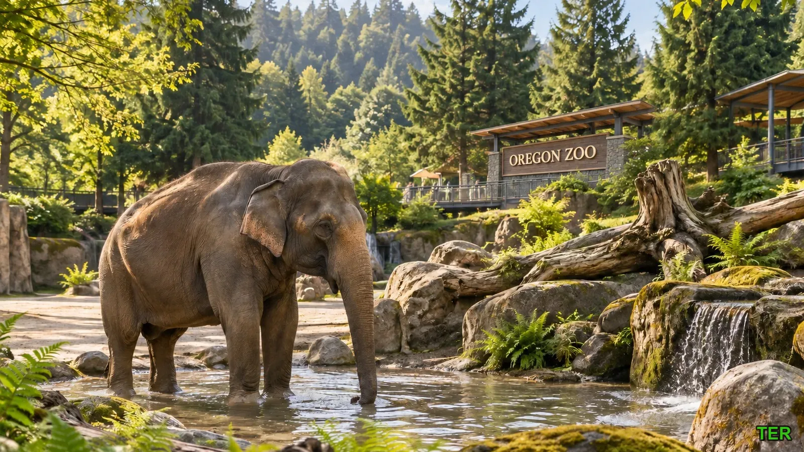 Elephant at a rocky waterfall habitat near the Oregon Zoo entrance sign in Portland, OR