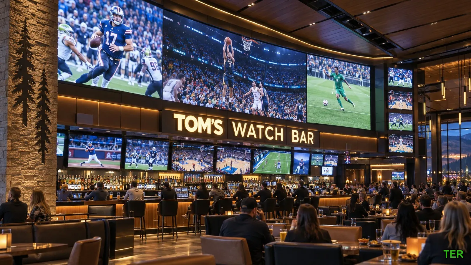 Tom's Watch Bar sports bar interior at ilani, with a large multi-screen video wall